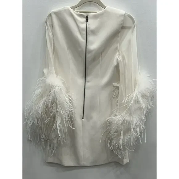 NWT Alice + Olivia Women's White Silk Izola Feather Detail Mini Dress Sz 2 FLAW Mini